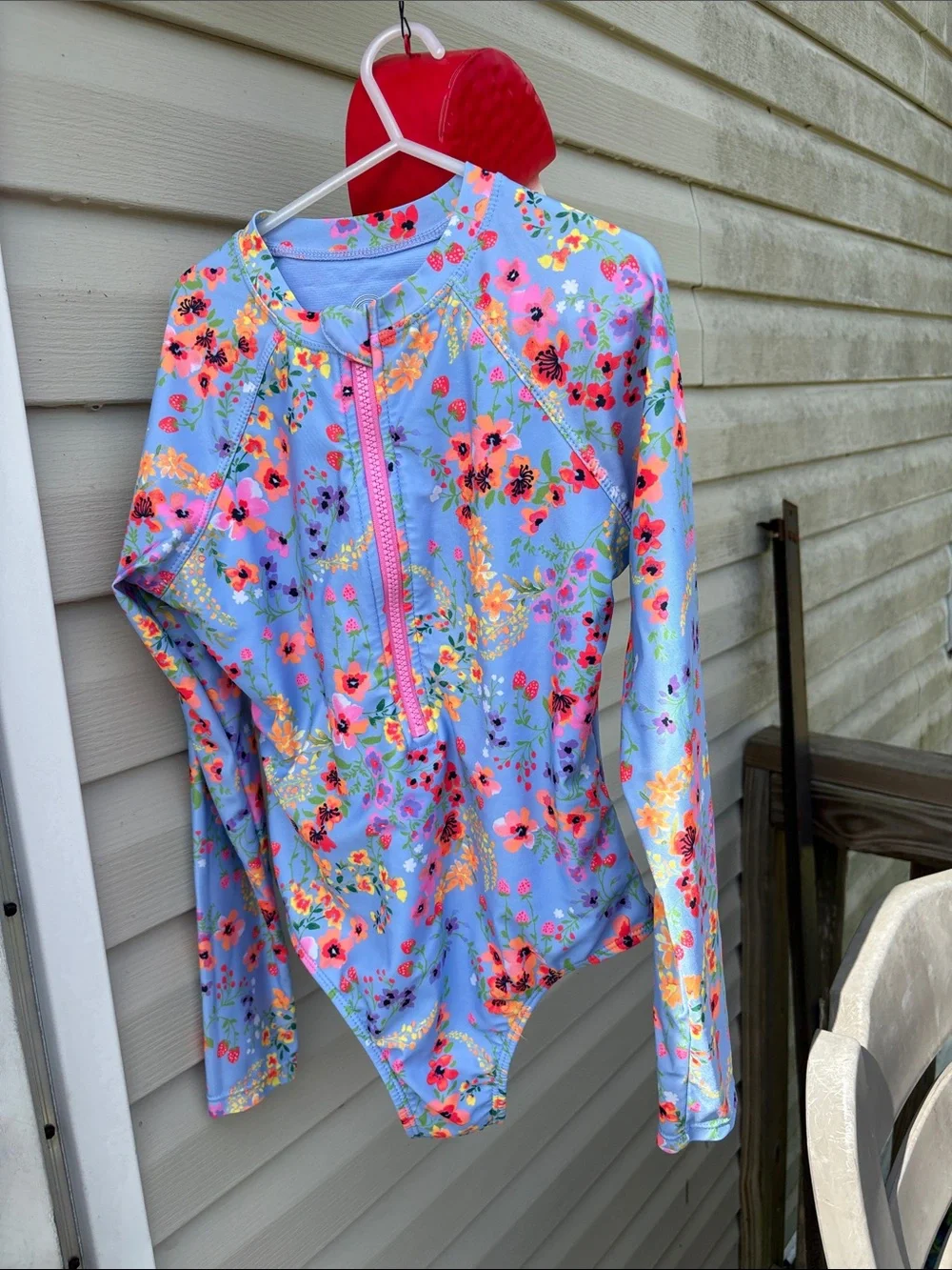 Girls Floral Long Sleeve Rash Guard Swim Suit - Blue with Pink Zip